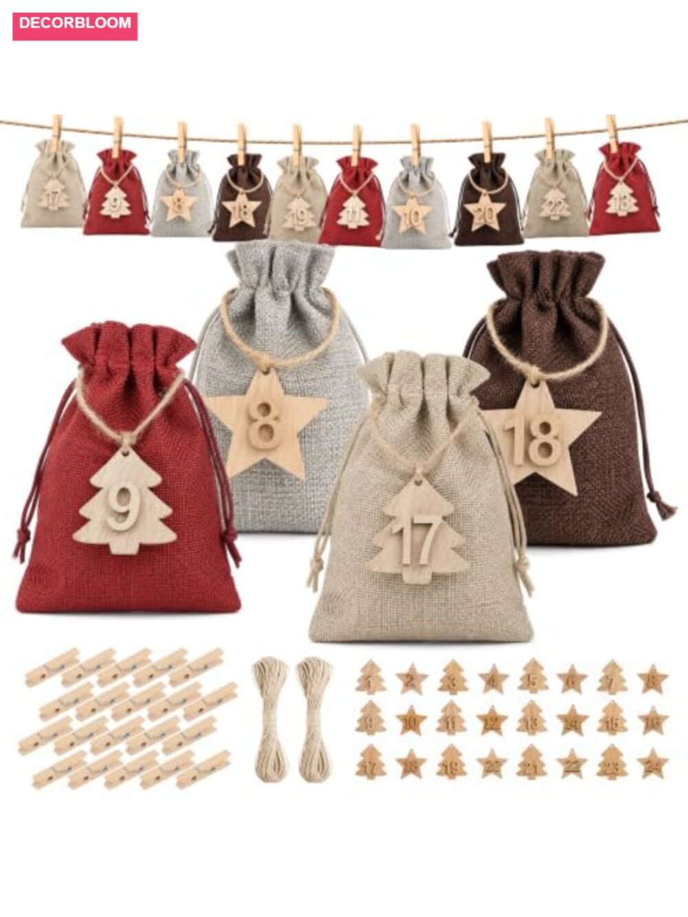 24-Piece Christmas Advent Calendar Drawstring Gift Bags with Wooden Number Tags